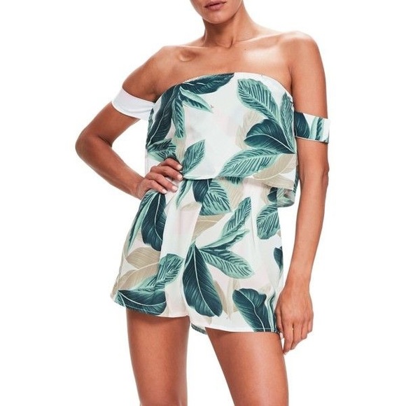 Missguided Dresses & Skirts - Missguided Off the Shoulder Tropical Print Romper